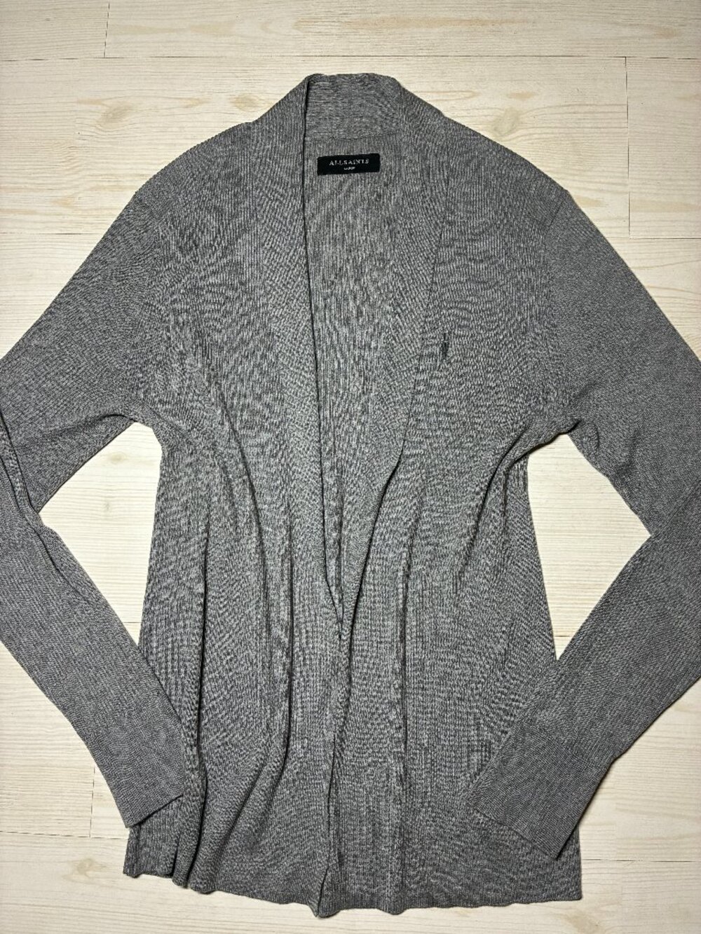 AllSaints Mode Open Cardigan Grey Men’s L Ramskull Embroidered Ribbed (UNISEX)